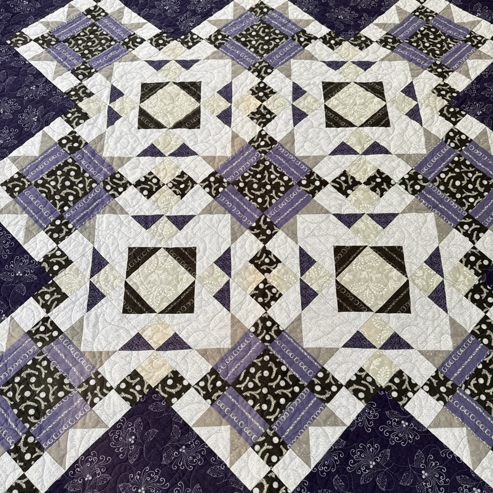 HANDMADE MACHINE QUILTED PURPLE PATCHWORK STAR LAP QUILT BLANKET 50" SQUARE